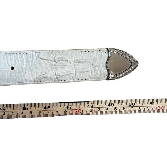 White Crocodile Embossed Leather Belt With Rhinestone Buckle & Tip By Los Altos - Picture 6 of 15